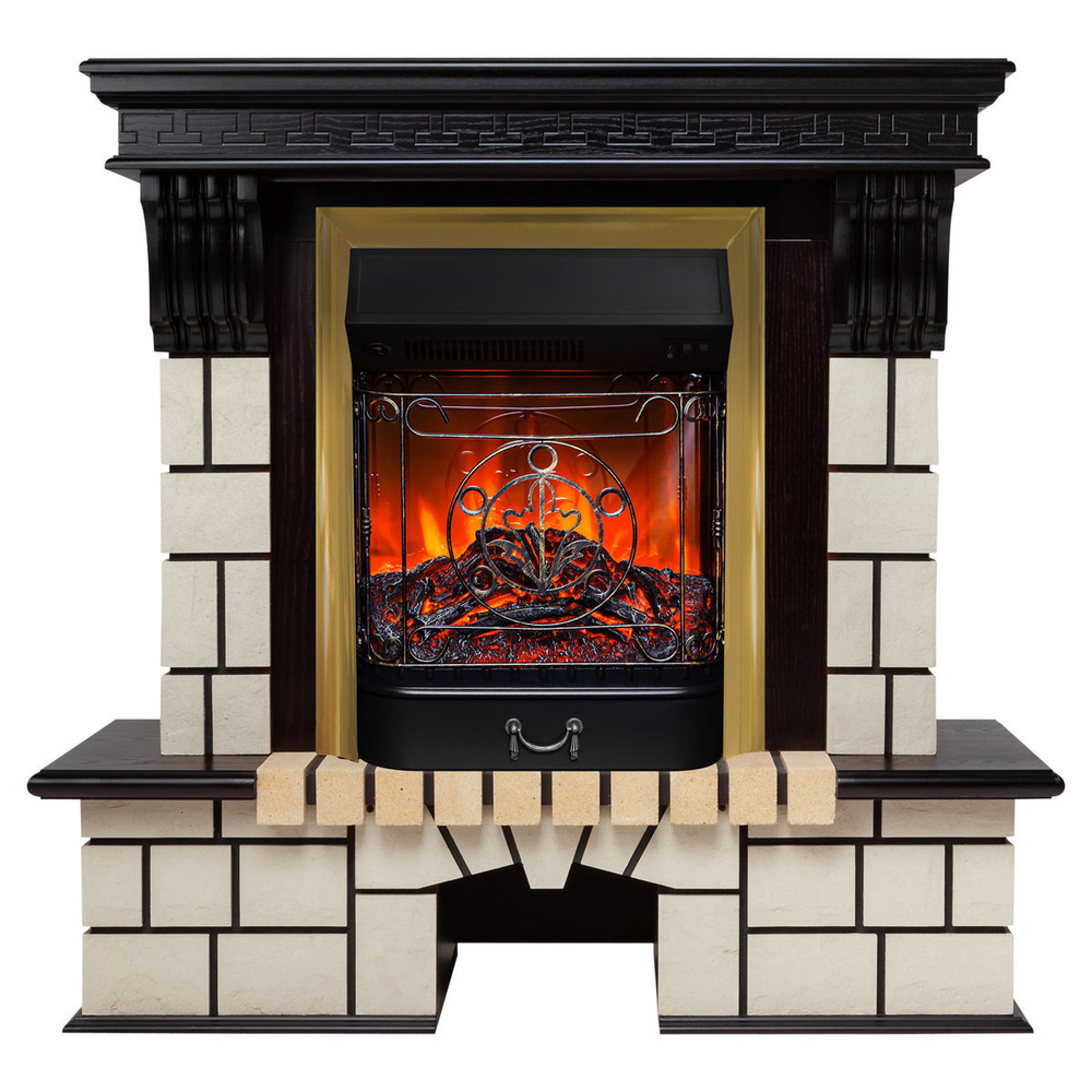 Электрокамин RealFlame Stone STD AO античный дуб с очагом Majestic Lux Brass