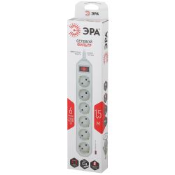 Сетевой фильтр ЭРА USF-6es-1,5m-W с базовой защитой с заземлением с выключателем 6 розеток 1,5м 10А белый | 