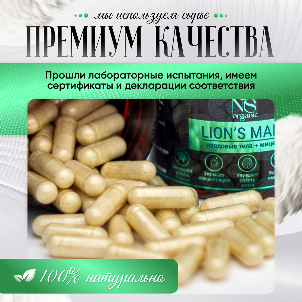 Ежовик гребенчатый, ежевик lions mane мицелий, капсулы 180 шт.