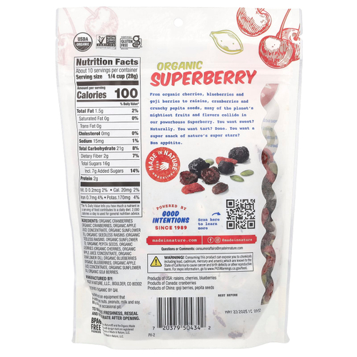 Made in Nature, Organic Superberry, клюква, изюм, вишня, семена пептии, голубика и ягоды годжи, 284 г (10 унций)
