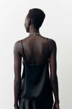 ZARA АТЛАСНЫЙ ТОП С КРУЖЕВОМ, ЧЕРНЫЙ