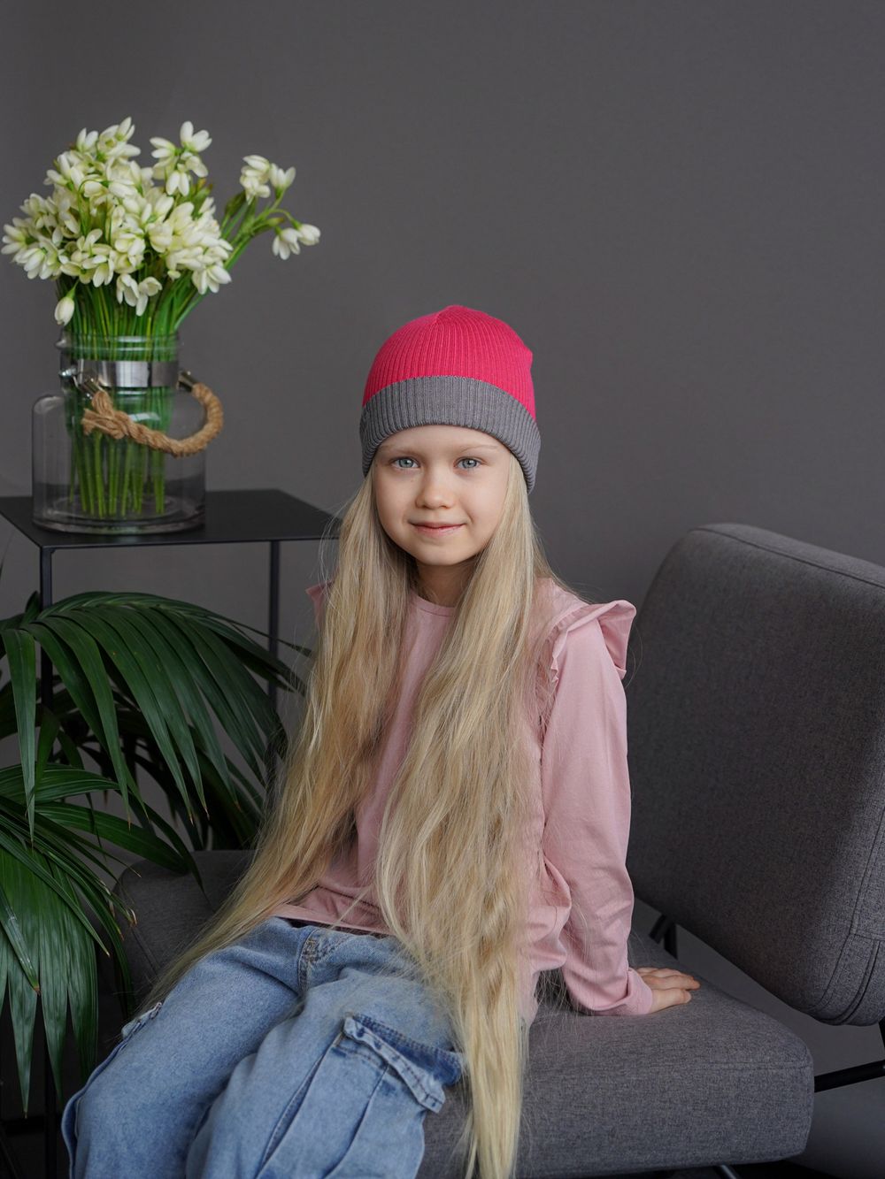 Шапка вязаная хлопковая ТВИНС(Фуксия, жемчужно-серый)