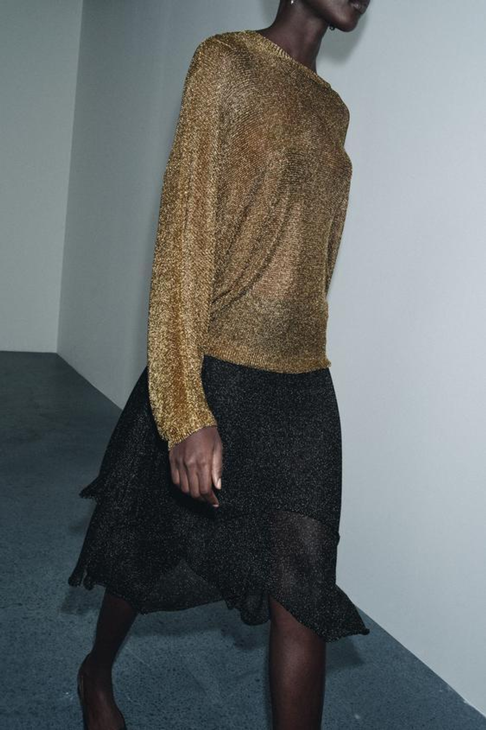 ZARA МЕТАЛЛИЗИРОВАННАЯ ТРИКОТАЖНАЯ ЮБКА, ЧЕРНЫЙ