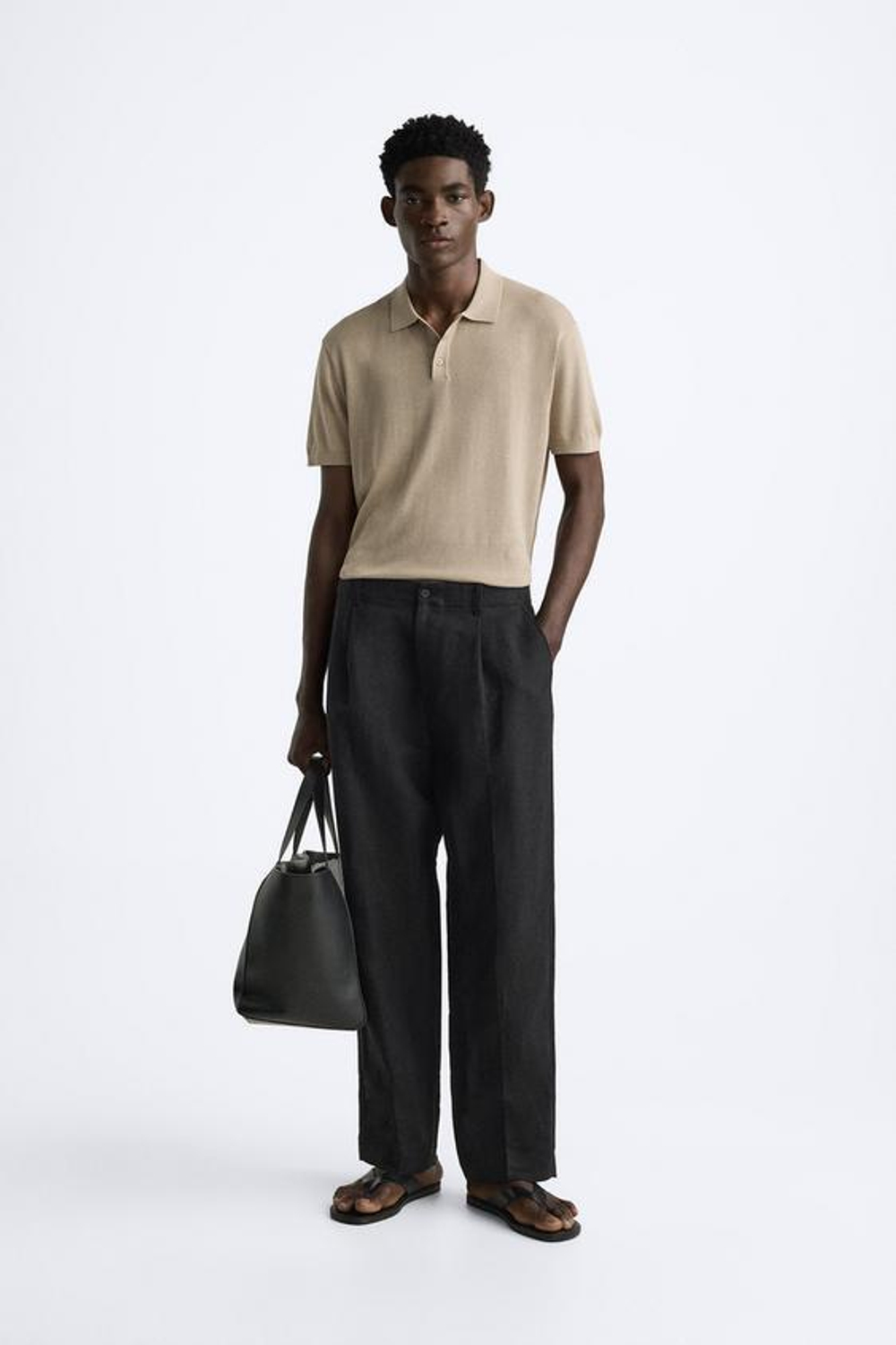 ZARA ТРИКОТАЖНОЕ ПОЛО ИЗ ХЛОПКА И ШЕЛКА, БЕЖЕВЫЙ