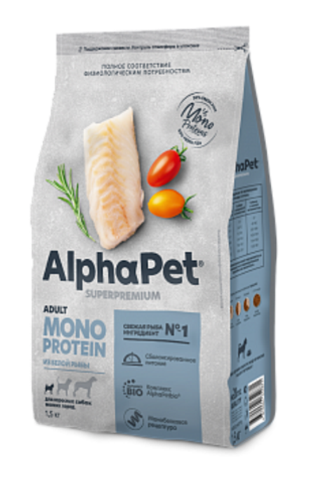 AlphaPet 0,5кг "Superpremium Monoprotein" Сухой корм для взрослых собак мелких пород. Белая рыба