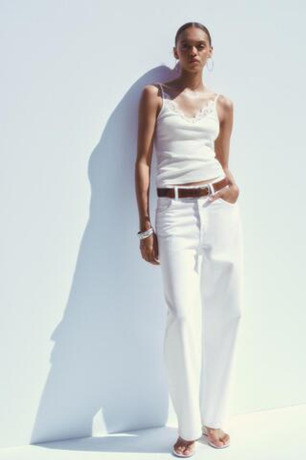 ZARA ТОП В РУБЧИК С КРУЖЕВОМ, ЖЕЛТОВАТО-БЕЛЫЙ