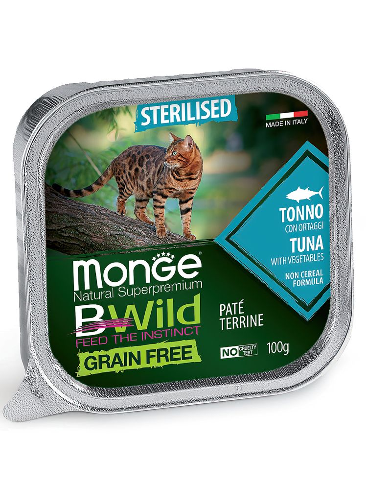 Влажный корм Monge Cat BWild GRAIN FREE для стерилизованных кошек, беззерновой, из тунца с овощами 100 г