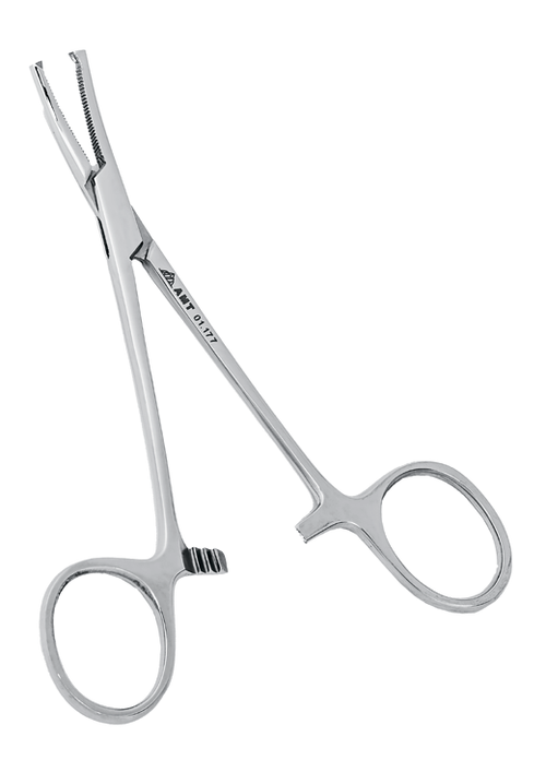 Зажим кровоостанавливающий 1х2 зубый зубчатый изогнутый по плоскости для новорожденных 125 мм