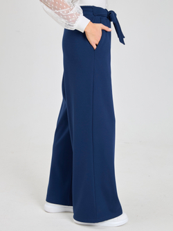 Брюки утепленные для девочки палаццо с завязками темно-синие