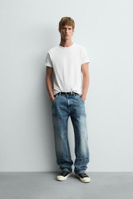 ZARA ДЖИНСЫ В РАБОЧЕМ СТИЛЕ С ЭФФЕКТОМ ПОТЕРТОСТИ, СИНИЙ