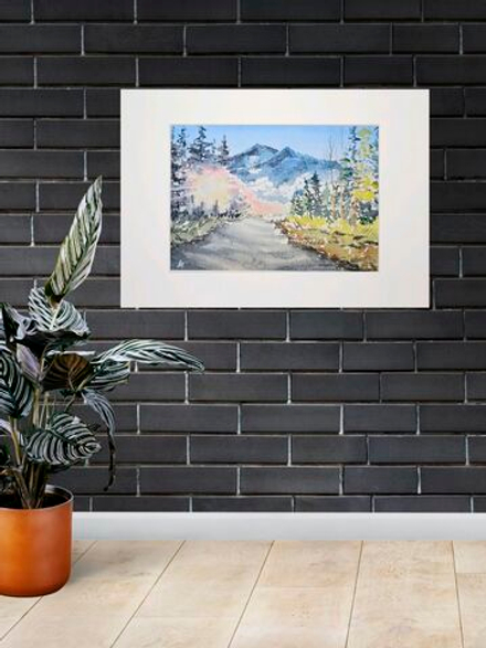 Картина авторская акварельная в паспарту 21х30 см на стену для интерьера "Горный воздух"