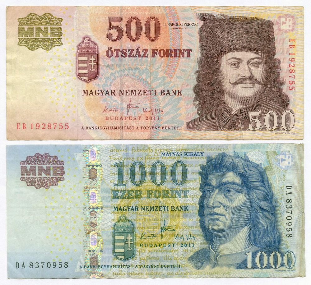 Банкноты Венгрия 500 и 1000 форинтов 2011 год. VF