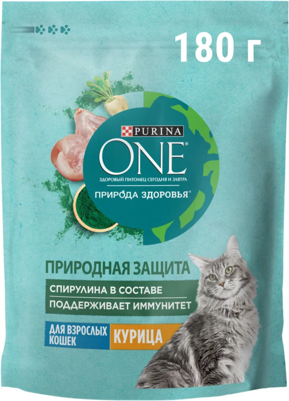 Purina ONE для взрослых кошек с курицей (Спирулина) 180г.