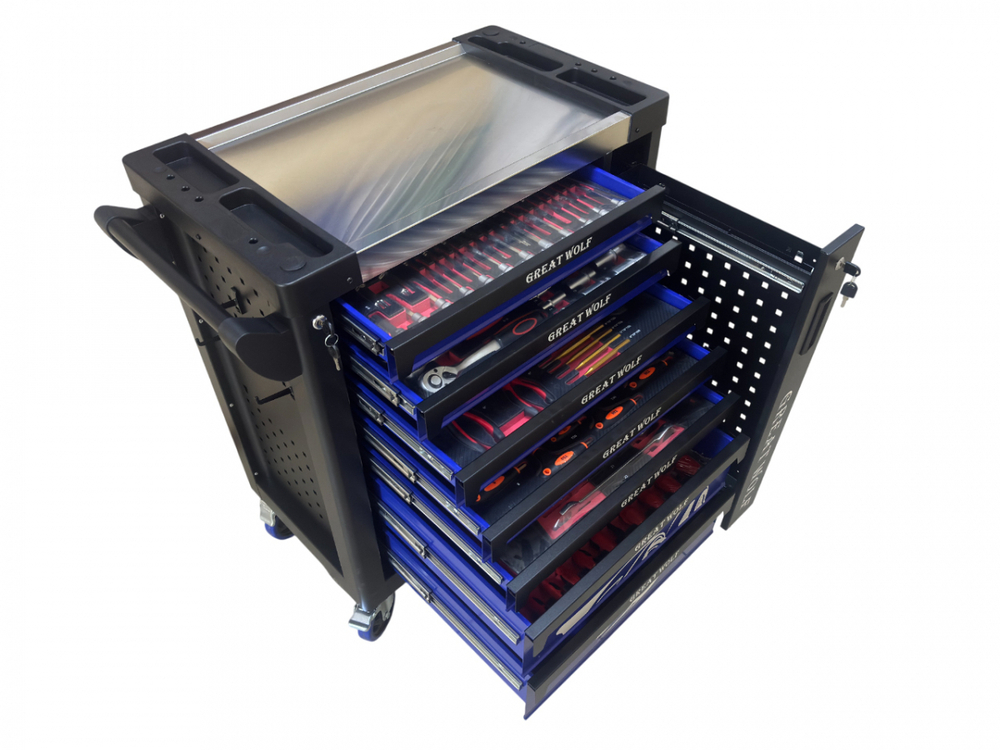Инструментальная тележка с инструментом GW-8ST 248 BLUE SET (Great Wolf, 248поз), 8 ящиков, увеличенные колеса с тормозом, ЦЗ, усиленная