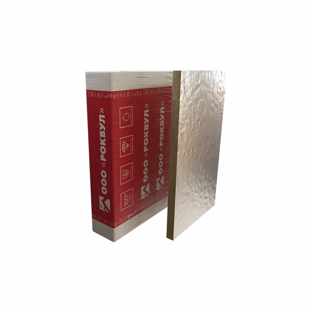 Плита из минеральной ваты на основе горных пород базальтовой группы кашированная армированной алюминиевой фольгой для тепловой изоляции плоских поверхностей каминов, печей, высокотемпературного оборудования ФАЙЕР БАТТС Кф, РОКВУЛ