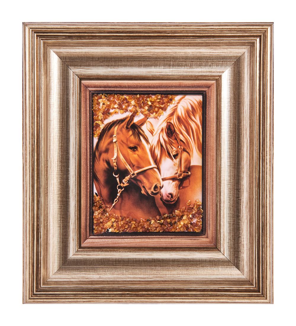AMB-04/28 Картина «Лошади» (с янтарной крошкой) H-18см