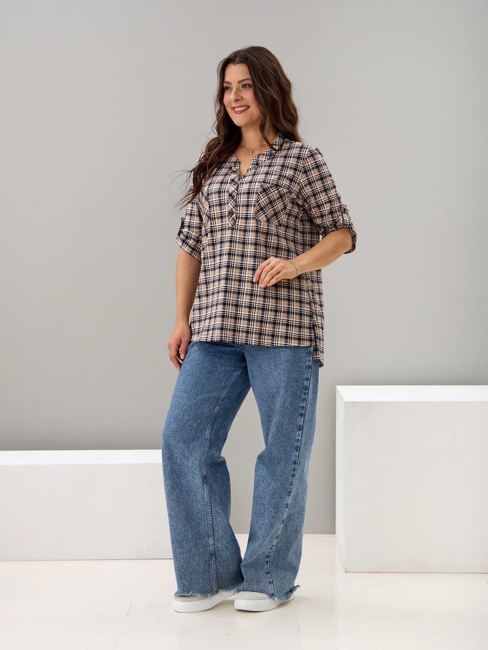 Блузка БЛ-131/клетка-бежевосиняя