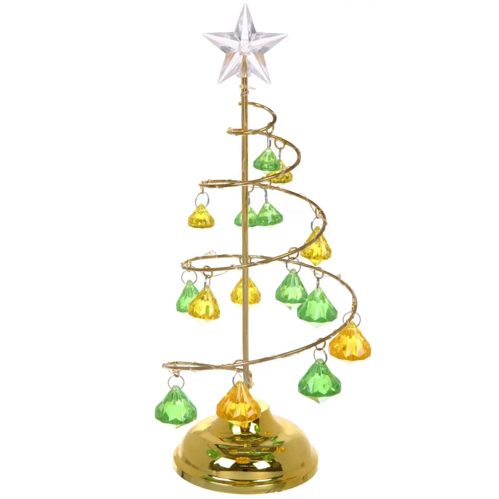 Сувенир с подсветкой «Елочка Хрустальная» 26 см, диаметр 10 см, основ.-золото, свечение-тепл.бел, хрусталик Зел./Желтый (работает от батареек 3 ААА)