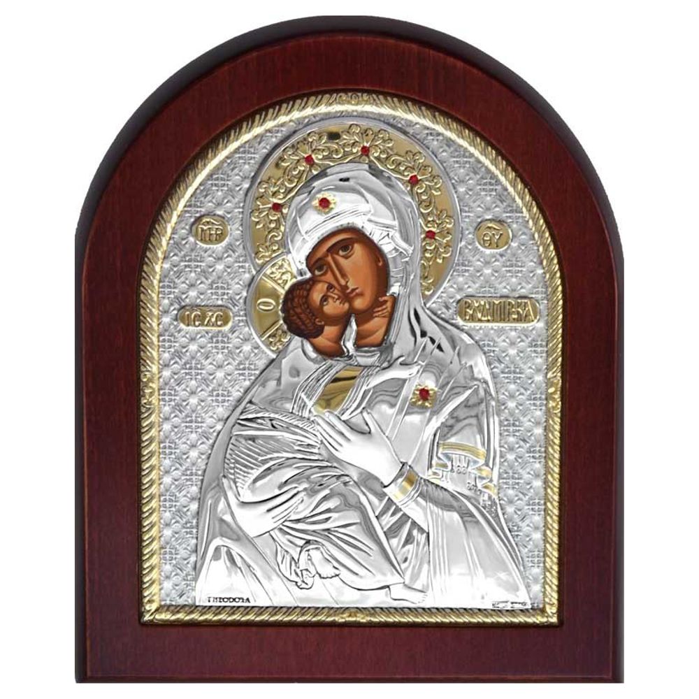 Владимирская Богоматерь. Икона в серебряном окладе со стразами и позолотой.
