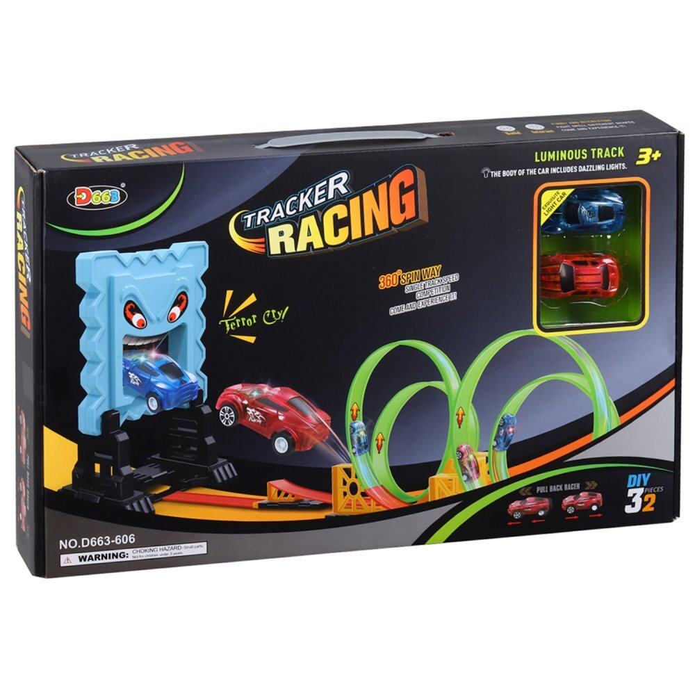 0404305/Трек со светом с пусковым устройством, 4 мертвые петли, трамплин и "хваталка"+ 2 инерц. маши