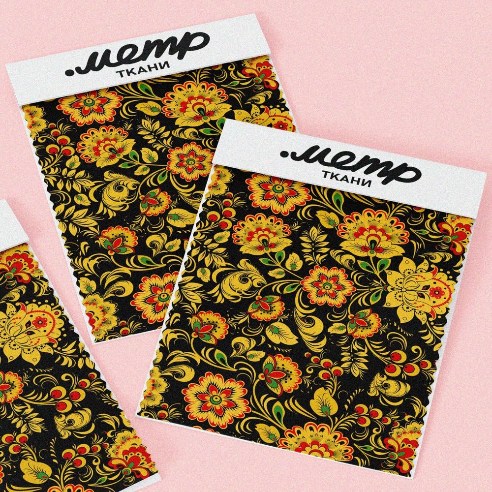 Ткань габардин хохлома на чёрном