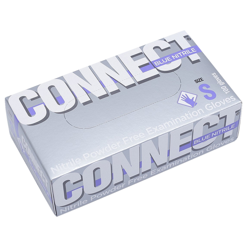 Перчатки смотровые нитриловые CONNECT, голубые, 50 пар (100 штук), размер S (малые).