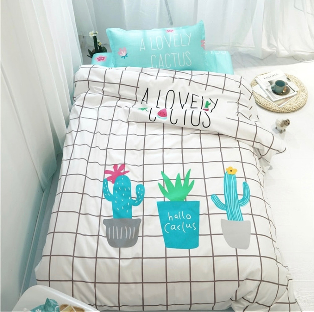 Постельное белье 1.5 Полуторка Сатин Детское Кактусы