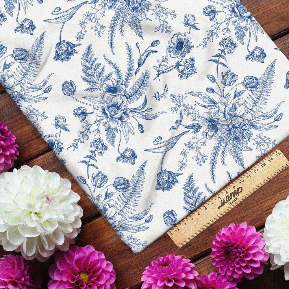 Ткань интерлок синие листья и цветы