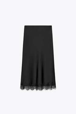 ZARA АТЛАСНАЯ ЮБКА МИДИ С КРУЖЕВОМ, ЧЕРНЫЙ