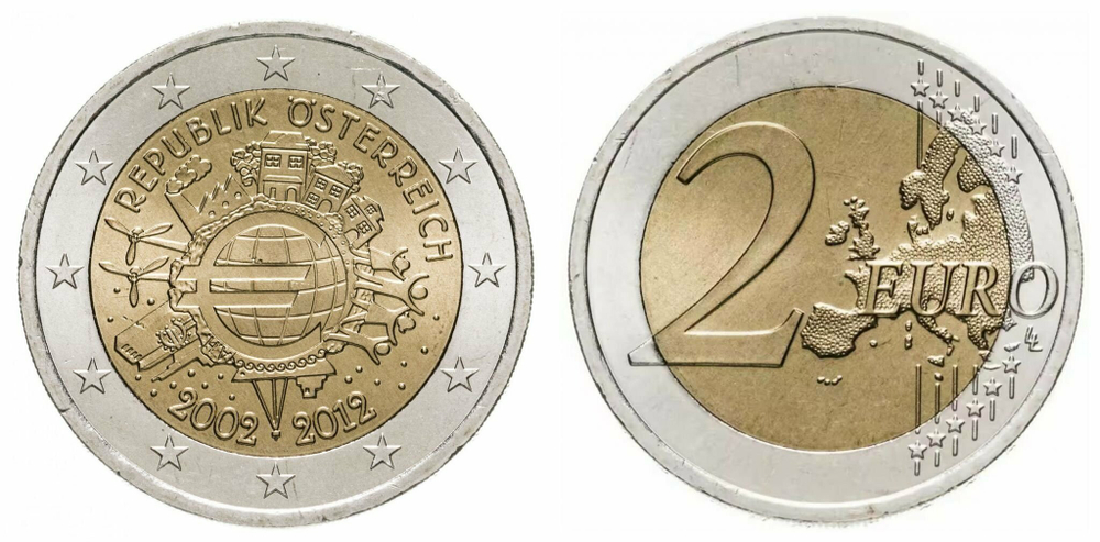 Австрия 2 евро 2012 10 лет евро наличными