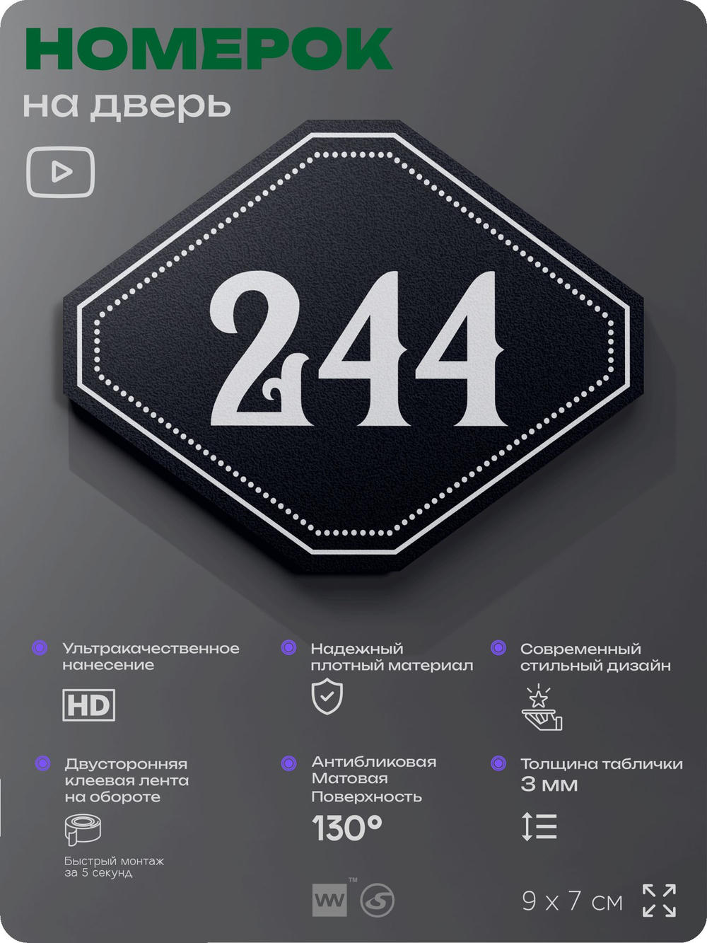 Номерок на дверь квартиры 244, для кабинета, офиса, шильдик 9 х 7 см, черный, Айдентика Технолоджи