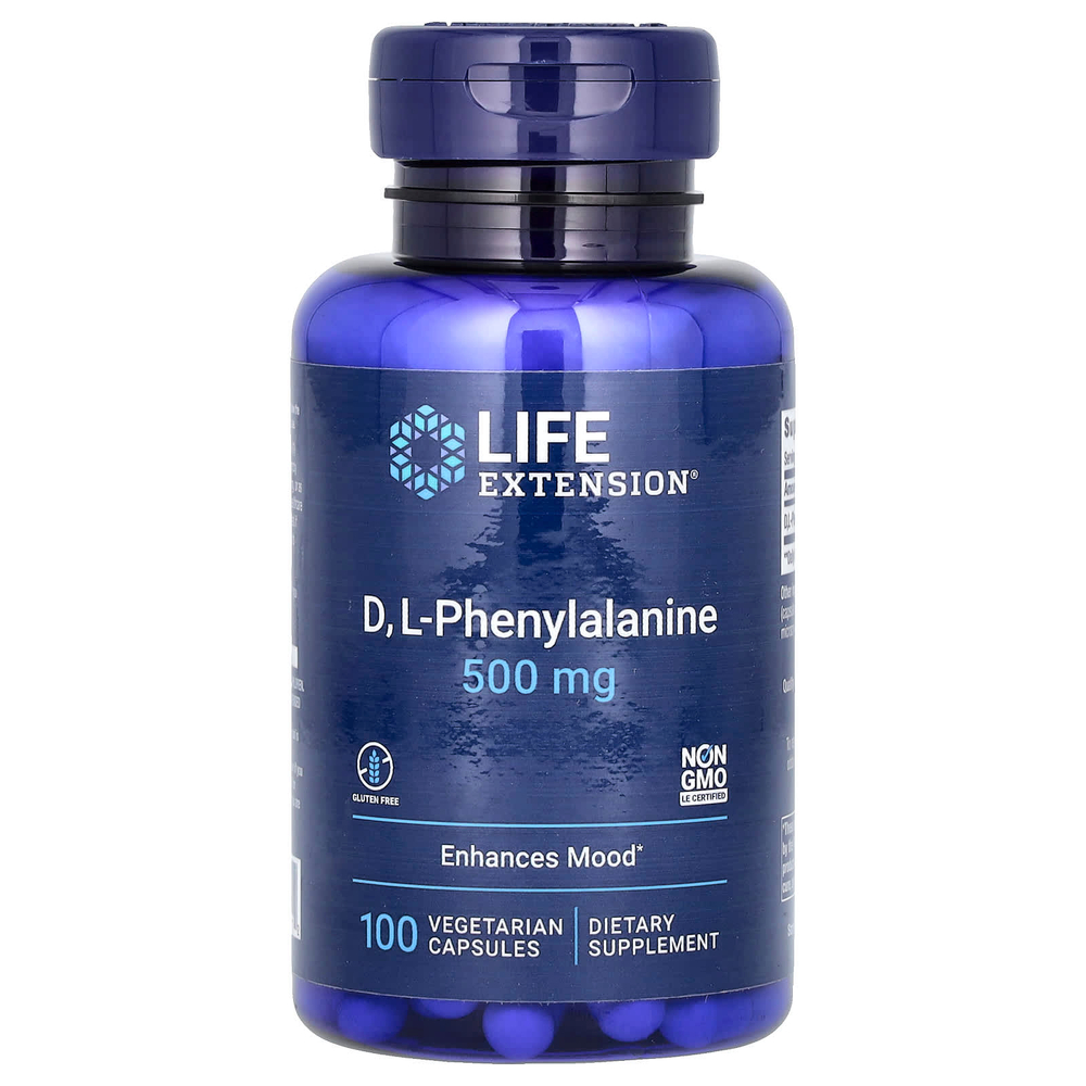 Life Extension, D, L-фенилаланин, 500 мг, 100 вегетарианских капсул