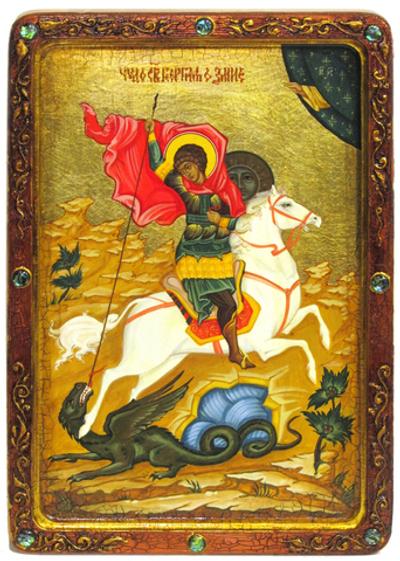 Большая живописная икона "Чудо святого Георгия о змие" 42х29см на кипарисе в березовом киоте
