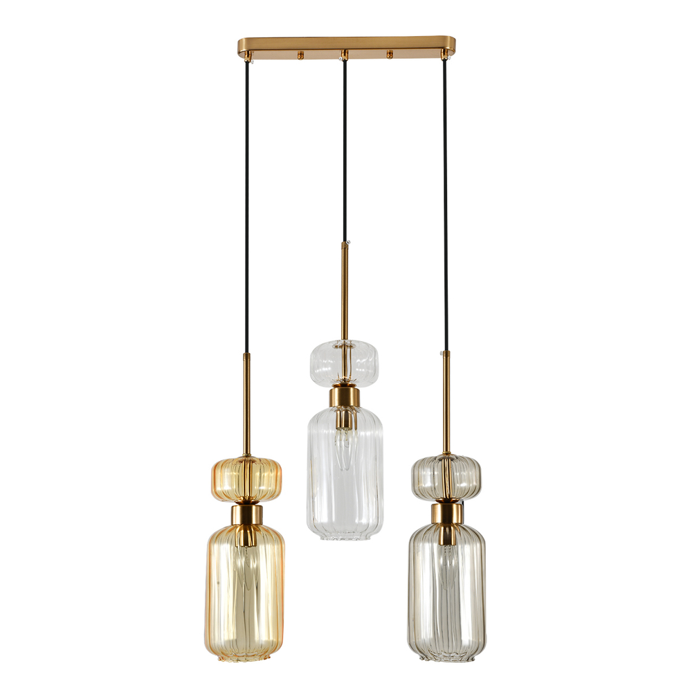 Подвесной светильник 3x60 E14, металл/стекло, античная медь, плафоны: бежевый, прозрачный, янтарный