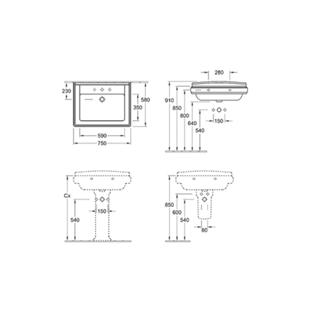 Раковина подвесная Villeroy &amp; Boch Hommage 75х58 см с 3 отверстиями под смеситель, альпийский белый CeramicPlus 7101A1R1