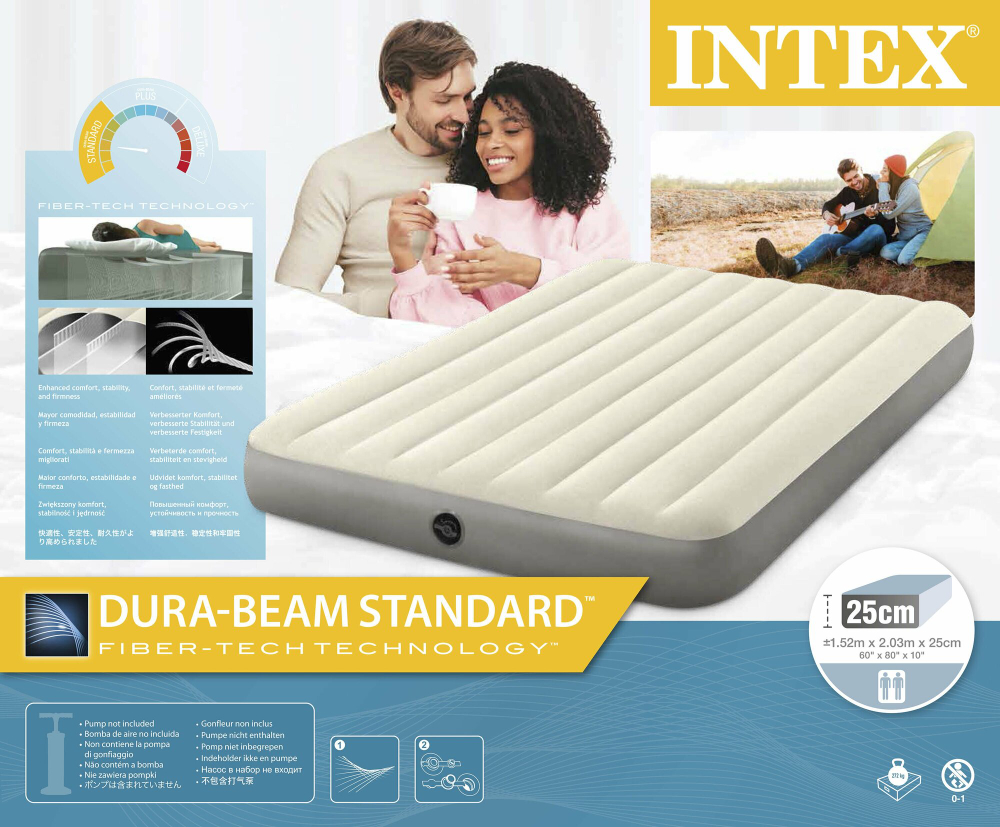 Мaтрас нaдувной Intex 64144 Pillow Rest King 183х203х25 см / Крoвать нaдувная Интeкс двухспальная велюровая королевского размера со встроенным подголовником