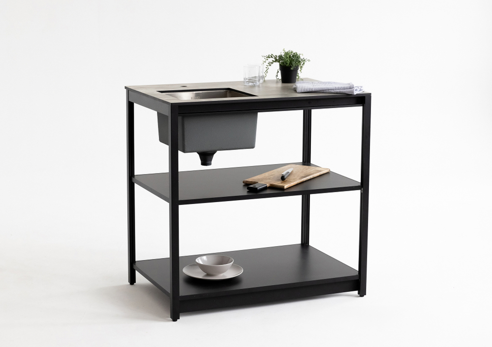 Стол разделочный с мойкой Lounge B-02S-L, 90 см, черный/серый каспий