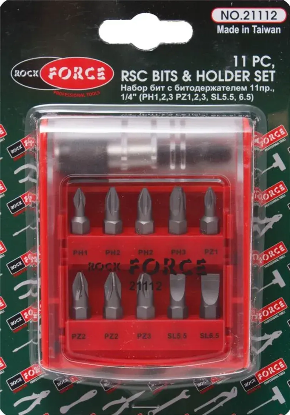 Набор бит с битодержателем 11пр., 1/4''(PH1,2,3 PZ1,2,3, SL5.5, 6.5) RockForce##Rock FORCE RF-21112