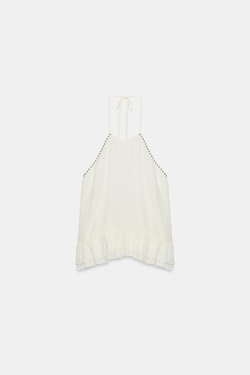 ZARA ТОП С ГОРЛОВИНОЙ ХАЛТЕР, ВОЛАНАМИ И ЗАКЛЕПКАМИ, ЭКРЮ
