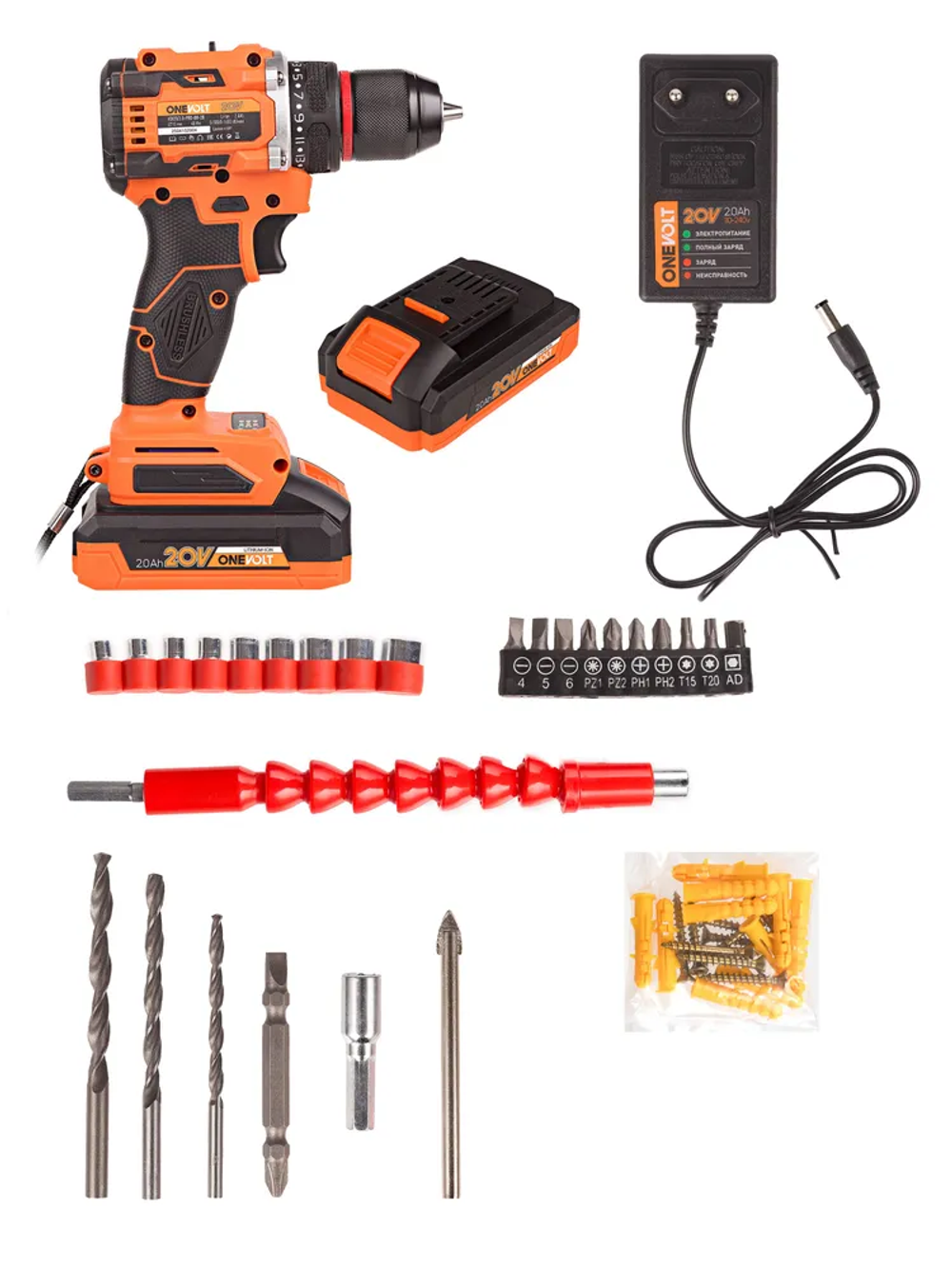 Шуруповерт аккумуляторный бесщеточный 40Hm, 20V/2,0A, 2акк, набор 46 предметов ONEVOLT