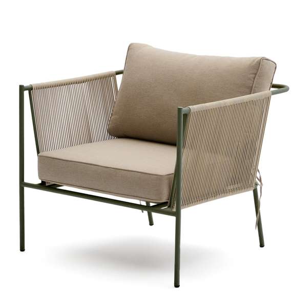 Уличное кресло Zivia из веревки цвета экрю и стали зеленого цвета