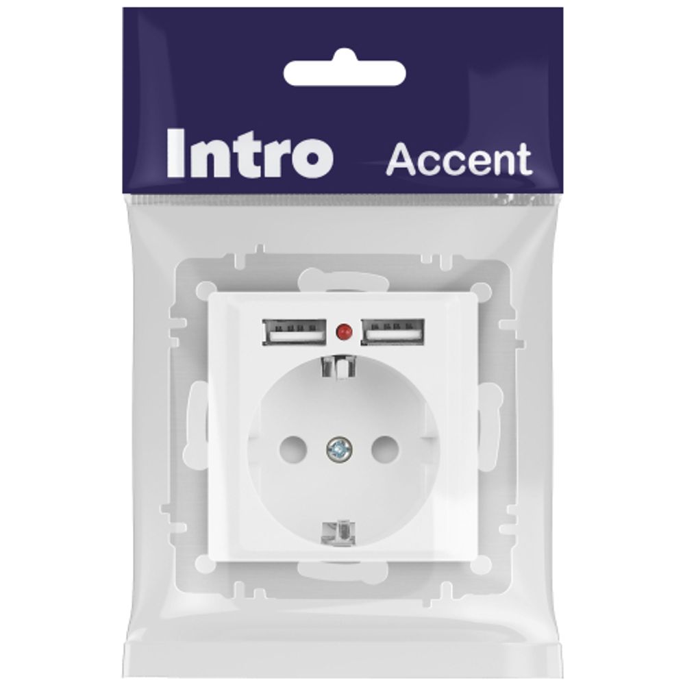 Розетка Intro Accent 6-410-01М с заземлением 2P+E Schuko со шторками 16А-250В + 2хUSB IP20 СУ белый матовый
