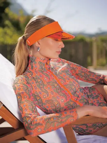 Слитный купальник на молнии с рукавами "Крокодил оранжевый паттерн"