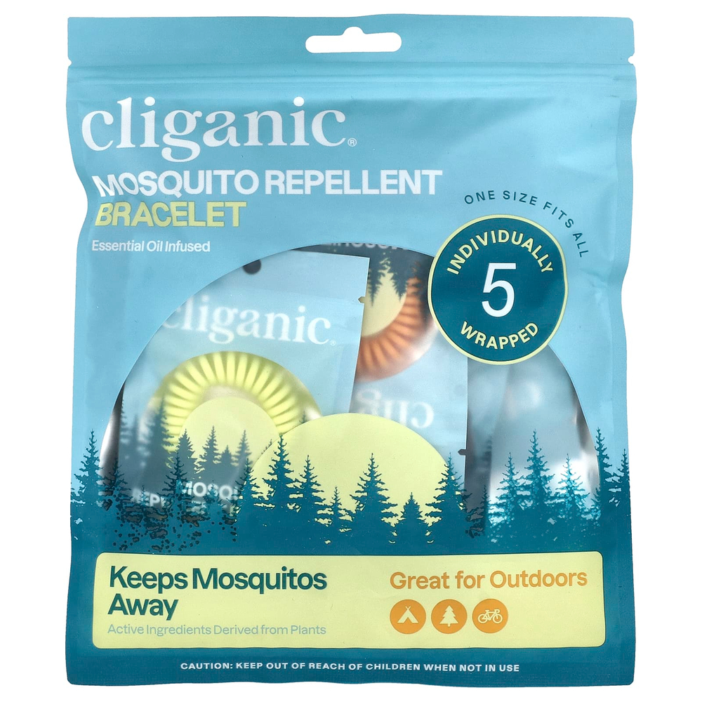 Cliganic, Браслет от комаров, универсальный размер, 5 браслетов в индивидуальной упаковке
