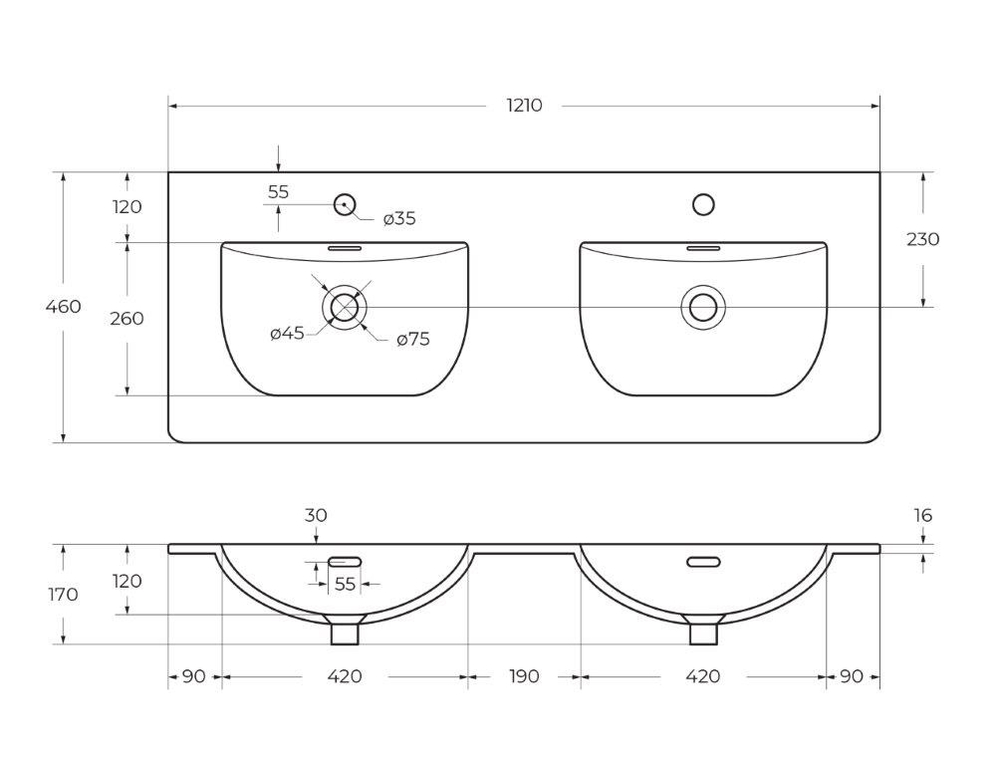 Тумба с раковиной подвесная BelBagno MARINO-CER-N-1200-4C-SO-RR-P Rovere Rustico, раковина белая BB-8099-120-2 с 2-я чашами