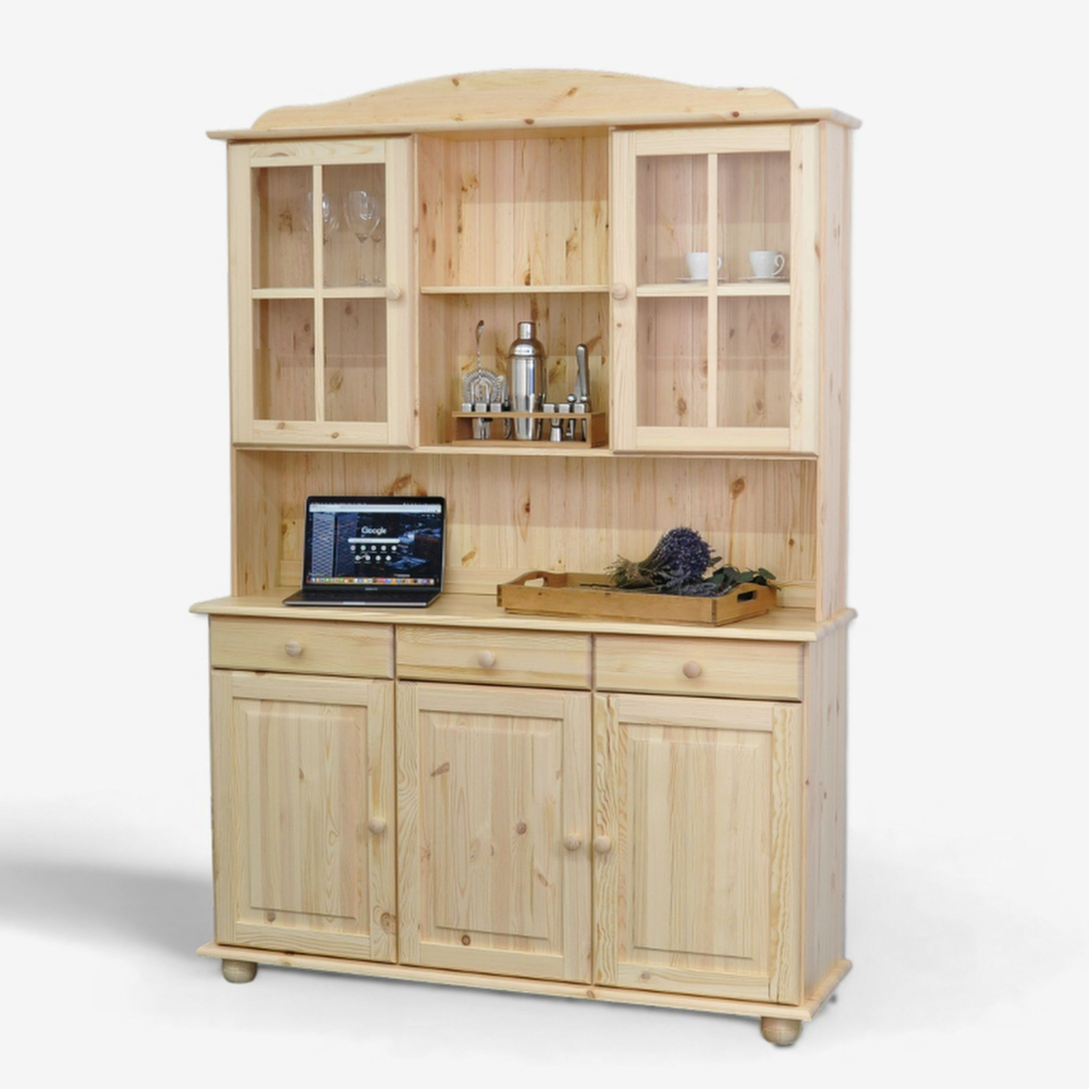 Шкаф витрина Лена трехдверный 132х39х192 см из массива сосны / буфет для кухни, в натуральной отделке