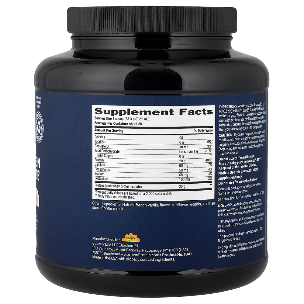 Biochem, 100% изолят сывороточного протеина в порошке, натуральный, 699 г (1,5 фунта)