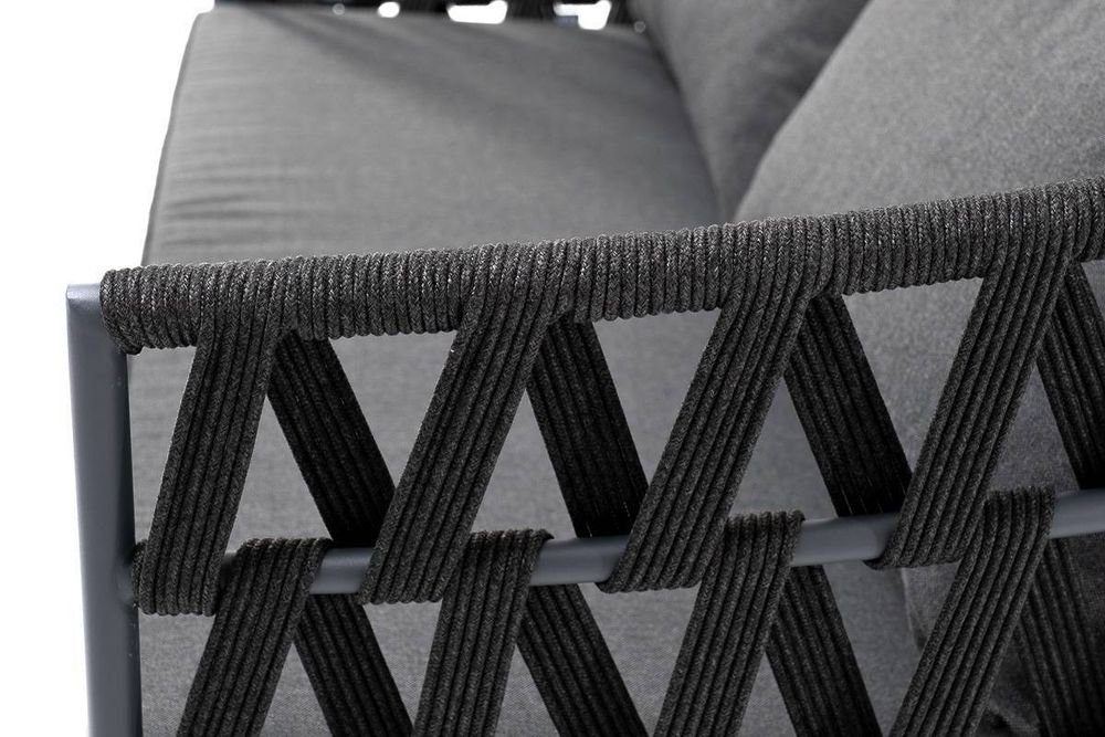 "Диего" диван 2-местный плетеный из роупа, каркас алюминий темно-серый (RAL7024) муар, роуп темно-серый круглый, ткань темно-серая 027