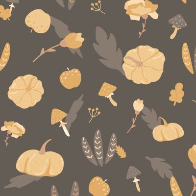 Тыквы, грибы и осенние листья на темном фоне