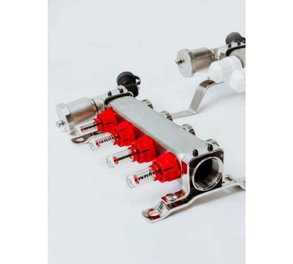 Коллекторная группа Grosseto с расходомерами 1"x¾" 4 выхода, нержавеющая сталь 10 бар универсальный кронштейн, автоматический воздухоотводчик